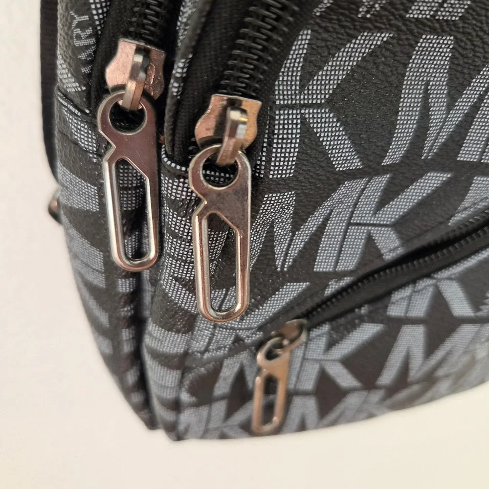 Mary King Black Monogram Sling Backpack Crossbody Bag MK Print Vegan Leather